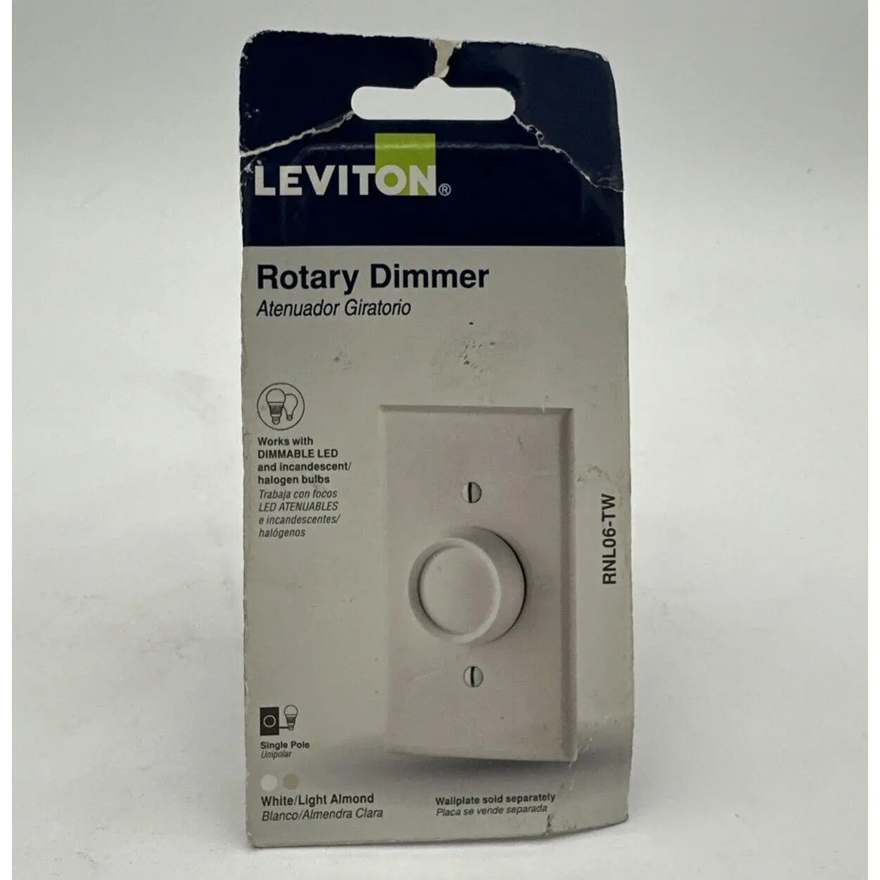 LEVITON RNL06-TW Rotary Dimmer for Dimmable Bulbs White & Light Almond Knob