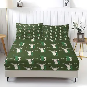 Christmas Theme Bedding Set, Comfortable Reindeer Print, Includes 1 Fitted Sheet and 2 Pillowcases, Anti-Slip Dustproof Cover