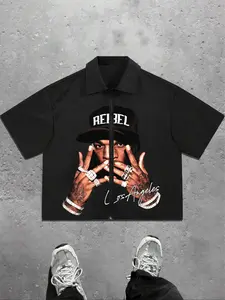 Men's hip-hop street style portrait print zip-up short-sleeved casual shirt, loose cropped fit, boxy zip-up placket, woven top, dark high street, retro style, unique outfit, rapper apparel, holiday gift, Streetwear, Menswear