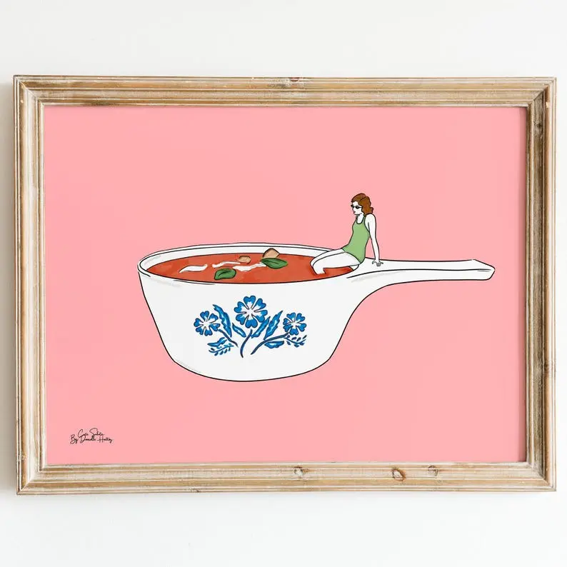 Corningware Dish Tomato Soup Wall Poster, Retro Vintage Kitchen Wall Art Whimsisal Kitchen Decor