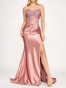 Lenovia 8396 Embroidered Sateen Formal Gown with Sweetheart Neckline & Crystal Beads Fit & Flare Style for Women, Corset Bustier, Detachable Straps, Pleated Waist, Side Slit, Fully Lined, Stretch Material, Sizes XS-3X