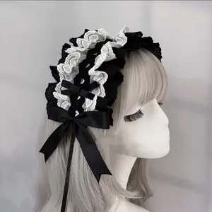 Dark Lolita Headwear Gothic Black and White Lace Headband Lolita Sweet Bow Accessories Japanese Style