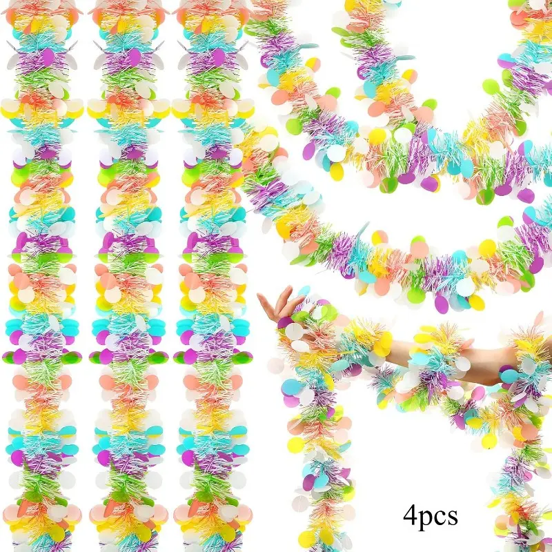 4 Pieces Easter Tinsel Garlands Colorful Eggs Bunny Spring Garland Twist Metallic Festooning for Easter Party Tree Hanging Decoration, 6.56 ft in Length Per Piece