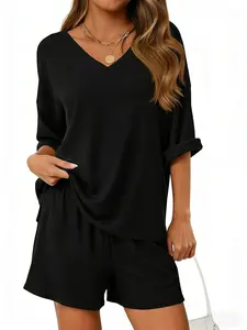 2pcs Women's Casual Loose Solid Color Round Neck Short Sleeve T-Shirt And Shorts Set, Suitable For Outdoor, Sports, Black Short Sleeve And Shorts Set, Plain Jogging Suit, Holiday Party Graduation Casual Outfit, Mother''s Day Outfit Summer
