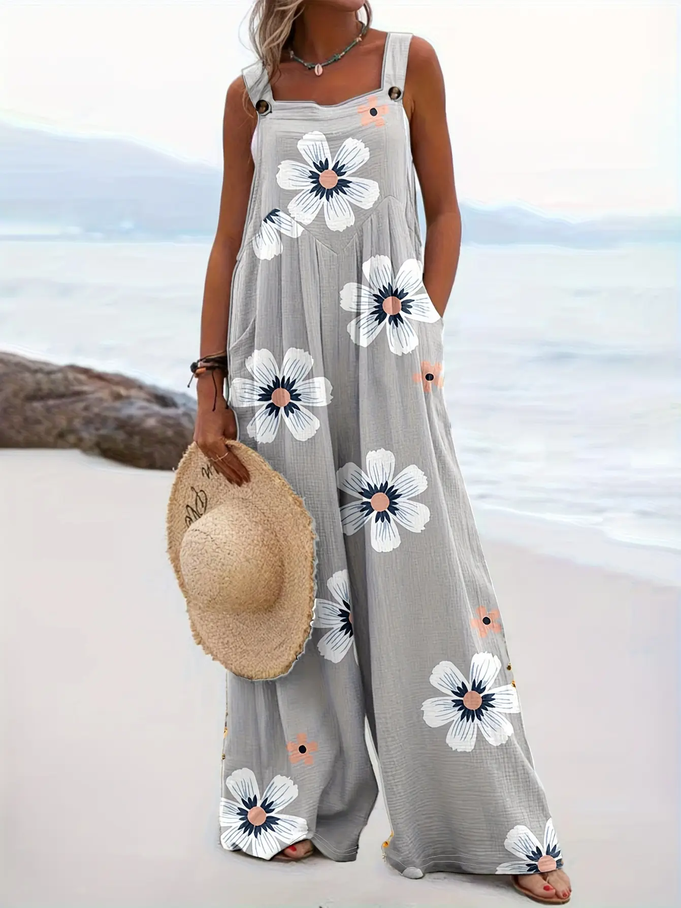 Women's Stretchy Sleeveless Polyester Fabric All Over Print Vacation-Style Casual Long Overalls - Gray Floral Comfort Jumpsuit, All Over Print Overalls