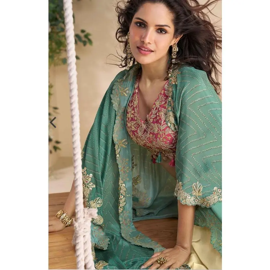 Beautiful Style Designer Indo Western Dress with Pink Blouse and Stylish Shrug Size Large