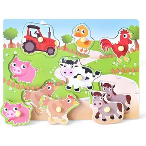 7 Pieces Chunky Farm Wooden Baby Peg Puzzle Board, Full-Color Preschool Educational Jigsaw Puzzles