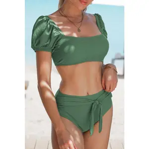Green Sexy Bubble Sleeves High waisted swimsuits