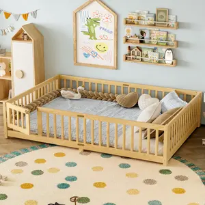 Twin/Full/Queen Size Bed Floor Bed with Safety Guardrails and Door for Kids, Solid Wood Montessori Floor Bed Frame with Slats and Fence for Girls Boys
