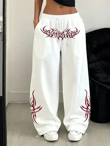 Women's Casual Loose Fit Long Pants, Simple Gothic Print, Daily Wear Fashion, Suitable for Home and Outdoor, All Seasons