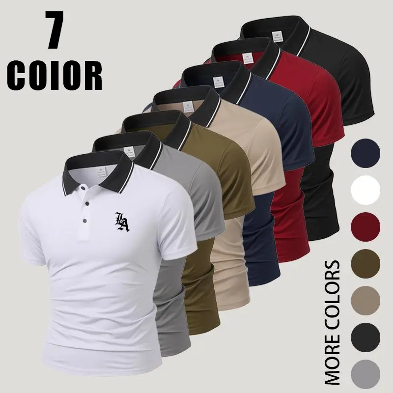 Men's Summer Polo Shirts, featuring contrasting color collars with printed details, slim-fit quick-drying lightweight T-shirts, breathable business casual tops—ideal for daily wear and office outfits