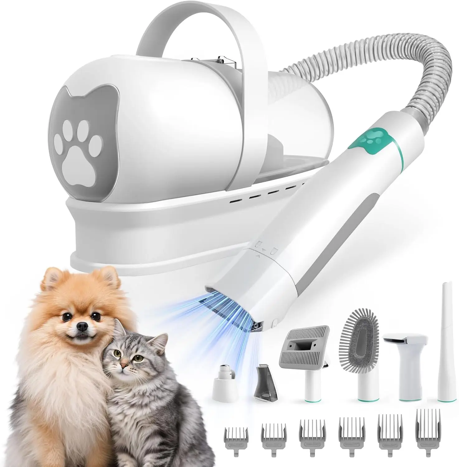 7-in-1 Pet Grooming Kit and Vacuum for Dogs & Cats, Professional Dog Hair Vacuum Groomer with 6 Guide Combs, Paw Trimmer, Shedding Brush & Hair Removal Roller Set