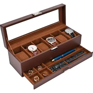 6 Slot Watch Display Case with Drawer, Valentines Gift Mens Watch Holder Watch Case for Men, 6 Watch Box 2-layer Jewelry and Watch Storage Case -Espresso Organiser