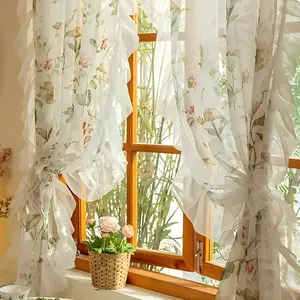 2-Piece Camellia Lace-Trimmed Sheer Curtains American Country Style Versatile Curtains Suitable for Bedrooms, Balconies, Bay Windows, and Living Rooms French Decorative Divider Curtains