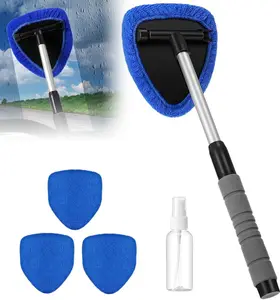 Car Windshield Cleaning Tool, Car Windshield Window Cleaner, Auto Window Glass Cleaning Kit with Extendable Handle & Reusable Microfiber Pad & Spray Bottle, Universal Car Accessories (Blue)