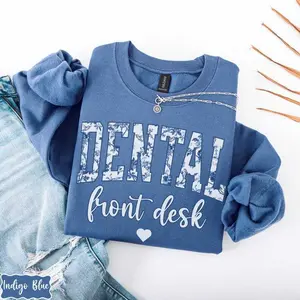 Dental Office Floral T-Shirt OR Sweatshirt , Blue Toile Wildflower short sleeve t-shirt , Dental Receptionist , Dentist Office Front Desk Crewneck Top