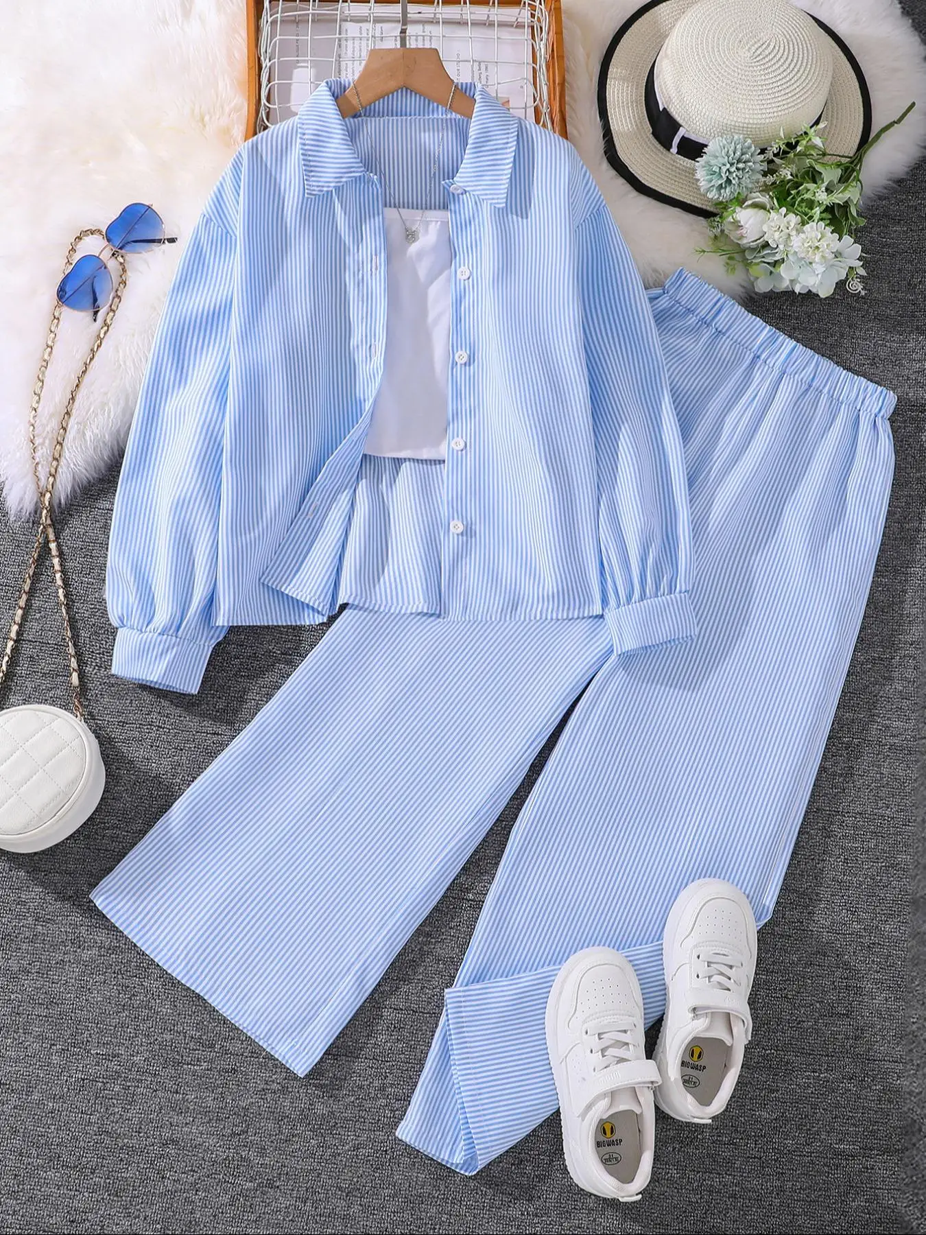 Two-Piece Set Girl's Striped Print Button Front Shirt & Pants Set, Elegant Casual Collared Top & Trousers for Daily Outdoor Wear, Kids Clothes for Spr