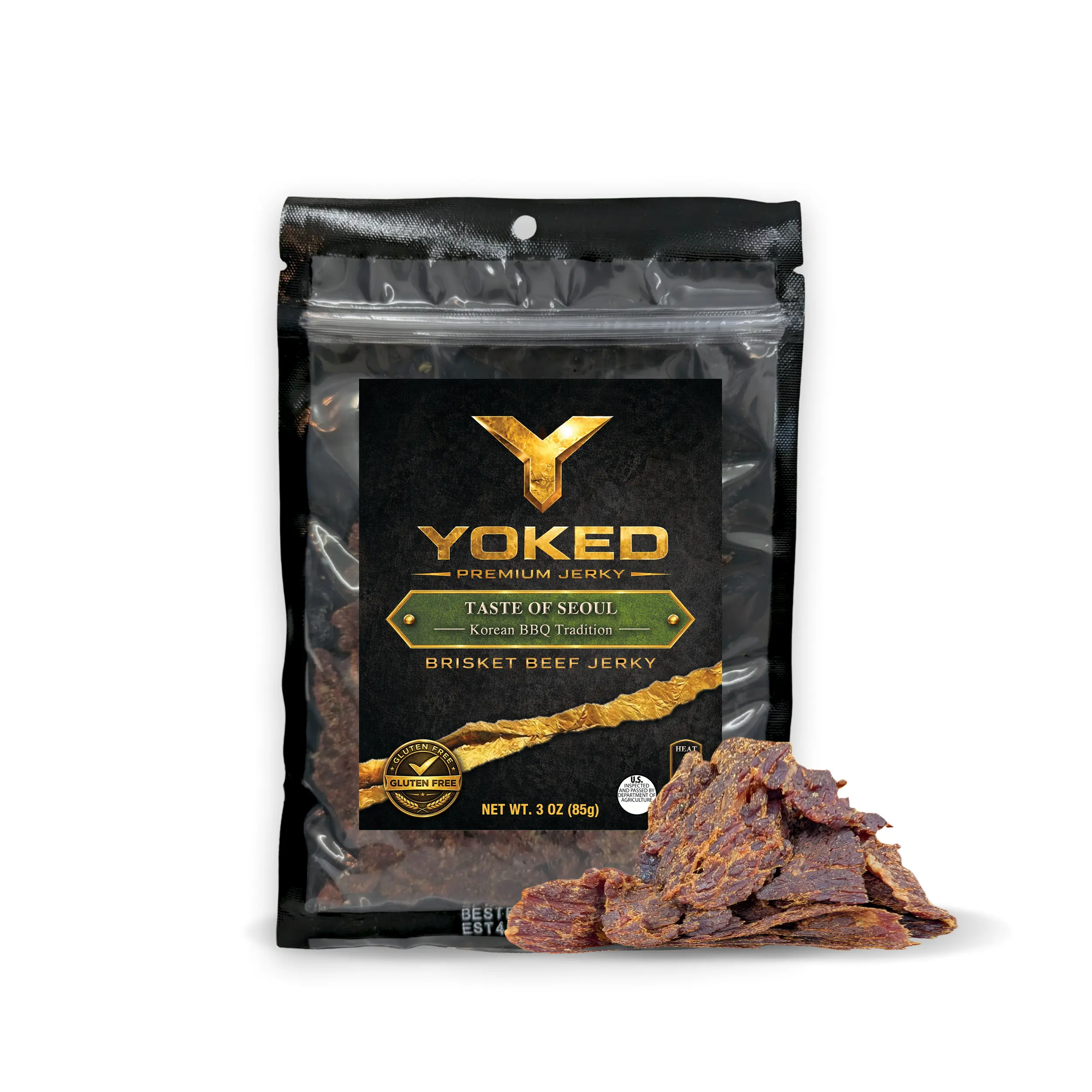 Yoked Taste of Seoul Beef Jerky Snack - Premium Brisket Beef Jerky 3 oz Gluten Free High Protein Low Fat Made in USA Korean BBQ Flavor Soft Bite Soy Sesame Garlic