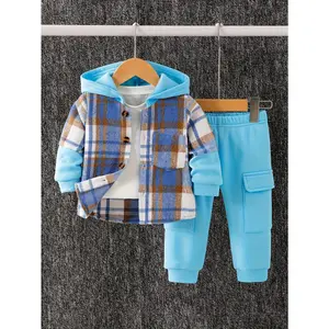 Boys' Fashion Plaid Hooded Set - , White & Brown Plaid Hooded Jacket - Vintage & Eye-Catching - Paired with Light  Joggers in the Same Color Palette - Simple & Elegant - Jacket with Button Design Added Detail - Pants with Practical & Stylish