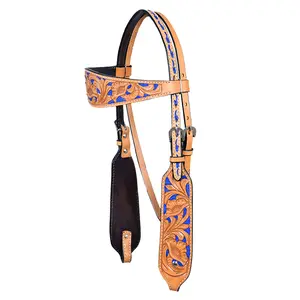HILASON Western Genuine Leather Horse Headstall Breast Collar Tack Tan w/ Blue Inlay