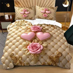 Pink heart-shaped rose Decorative duvet cover with a golden background is a luxurious gift suitable for young adults to decorate their bedrooms Bedroom bedding set. It includes 1 duvet cover and 1 or 2 pillowcases, but does not include a core or pillow