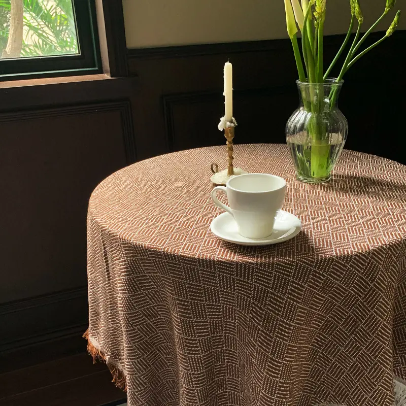 Knitted Cotton-Linen Small Round Tablecloth - Interwoven Weave, European-British French Country Light Luxury Style, Indoor Versatile Small Round Table Fit, Orange Romantic Pattern, 130x130cm Multi-Size Kitchen/Student Desk Mat for Cakes Gifts Occasions