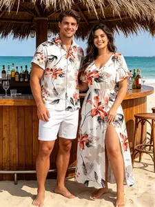2026 Vacation Couple Outfit Women's Watercolor Flower Leaf Print Slit Midi Dress and Men's Button Up Shirt Matching Set
