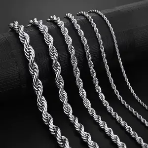 24-inch silver twisted rope necklace, hip-hop style men’s necklace.