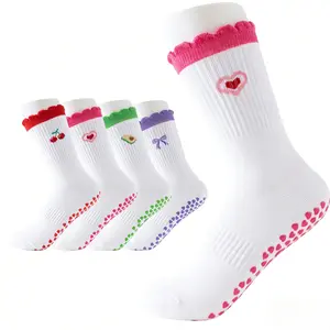 Cute Pilates Grip Socks for Women Ruffle Frilly Yoga Socks Non Slip Cotton Crew Grippy Sock for Barre Workout Ideal for Yoga Barre and Pilates Sessions