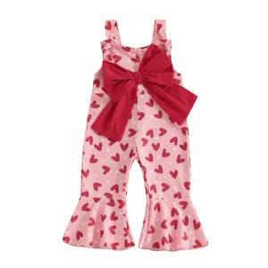 Toddler Kids Baby Girl Valentines Day Bell-Bottom Romper Jumpsuit Big Bow Overalls Cute Heart Print Flared Pants  Summer Outfits