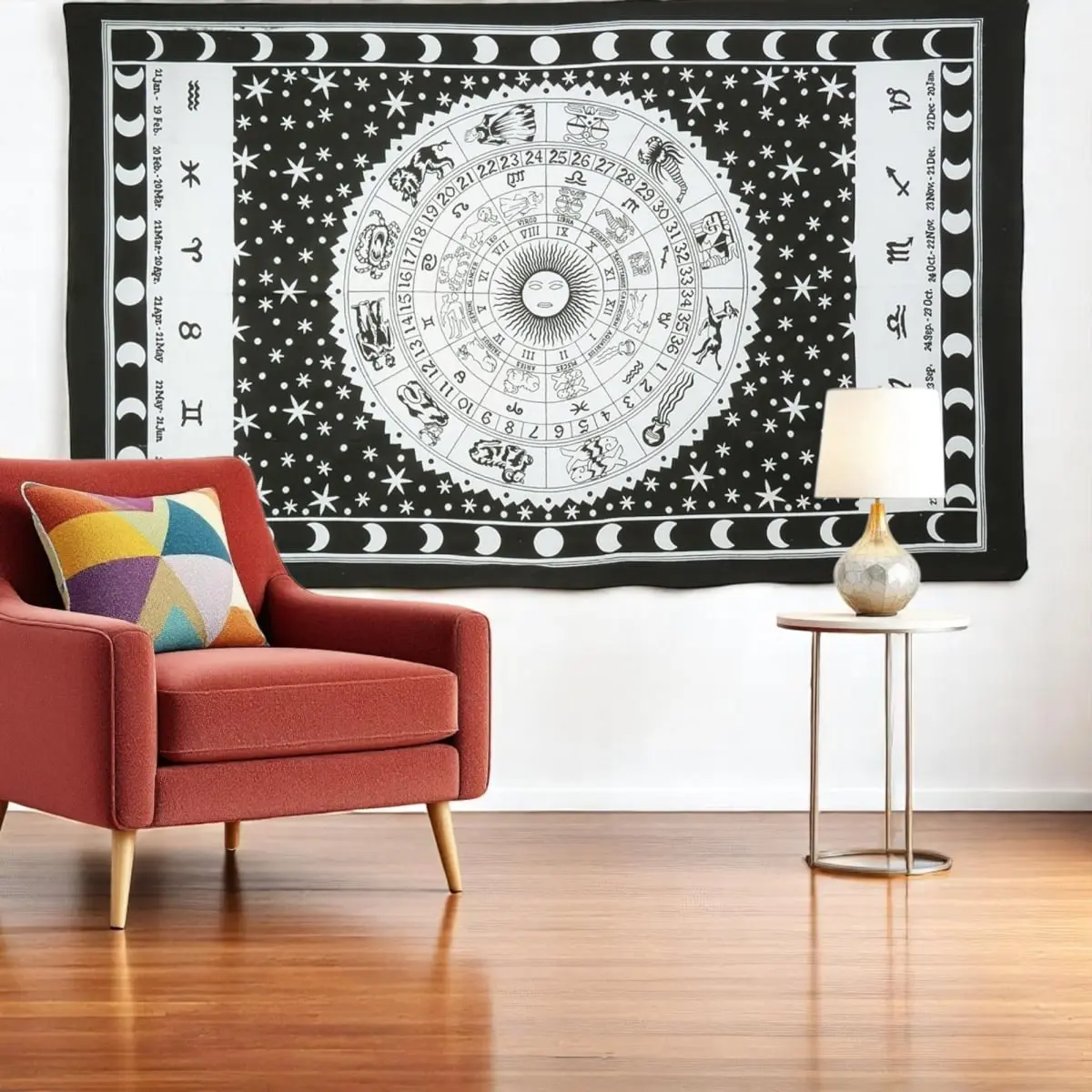 360 stand Handmade Bohemian Astrological Decorative Rectangle Cotton Hanging Tapestry - Black & White, 80x56 in., Home Wall Decor