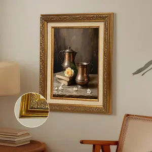 1 Count Vintage Gold Frame Canvas， Vintage Painting Antique Copper Pitcher And Rose Still Life， Luxury Art， Fashion Decor， Suitable for Room Bedroom、Living Room、Home Corridor Wall Art， Gifts