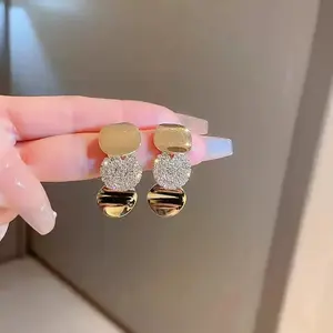 Gold Disc Drop Earrings S925 Needle Sparkling Round Pendant Design, Chic Minimalist Statement Fashion Jewelry 2025 Trend Earrings DZEH1586
