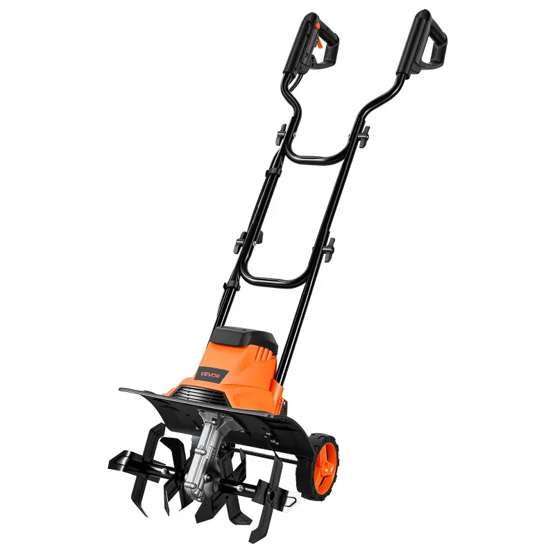 VEVOR Corded Electric Tiller - 14 inch Tilling Width, 10-Amp Heavy-Duty Machine with Carbon Steel 4 Blades x 4 Tines, Ergonomic Foldable Handle, Wheels, 8 In / 205 Mm Depth, Overload Guard for Soil Cultivation