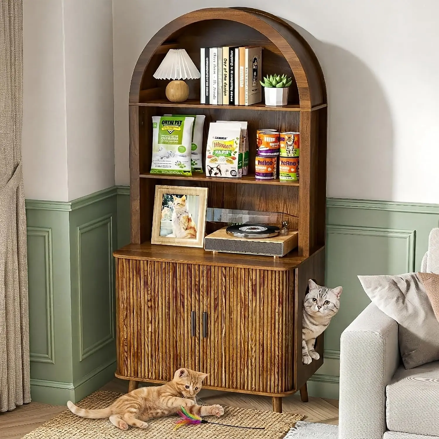 Arched Cat Litter Box Enclosure Furniture with Open Storage Walnut