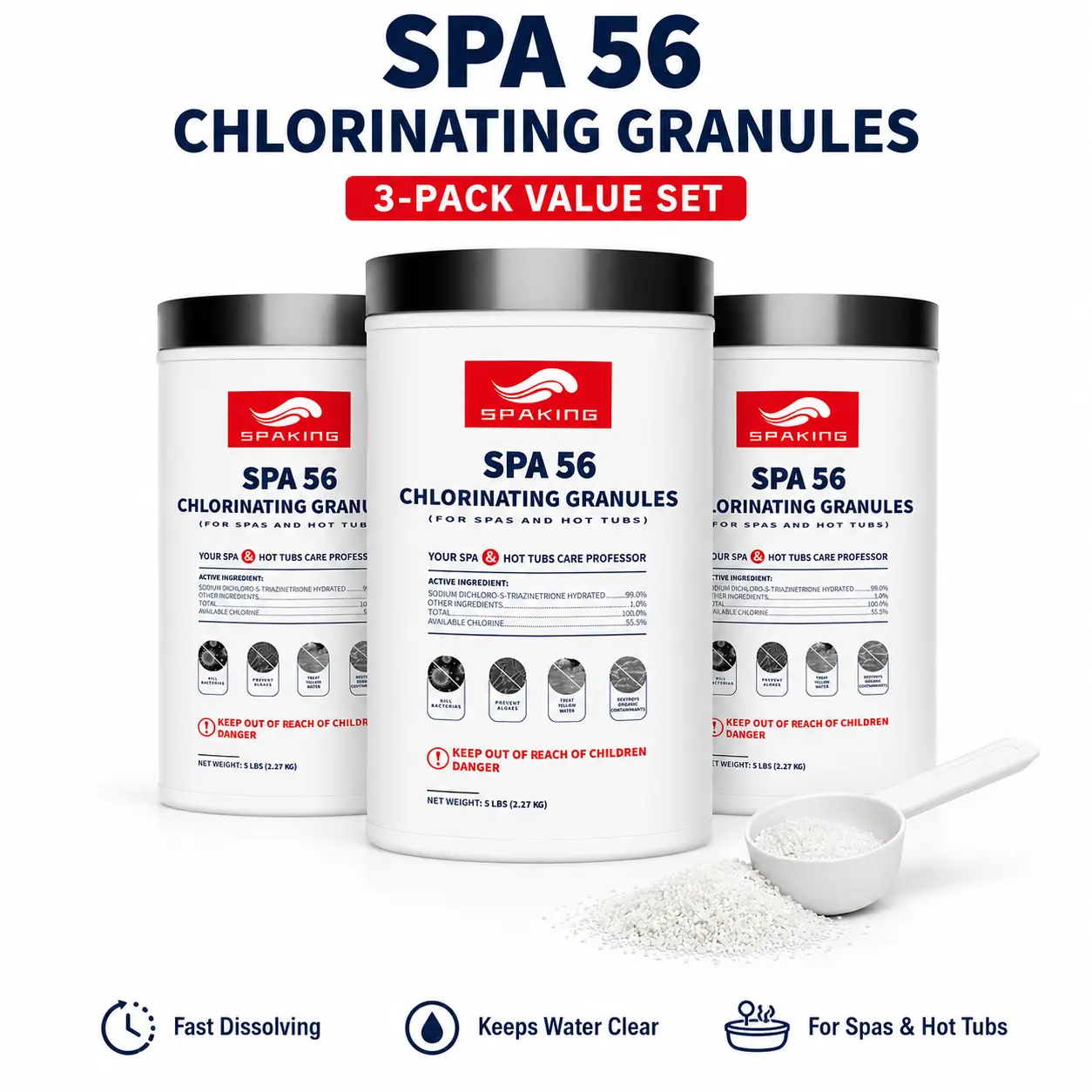 Quick Dissolve Hot Tub Shock & Clarifier Granules 3-Pack - 3 x 5 lb Spa Water Cleaner for Inflatable, Jetted Spas