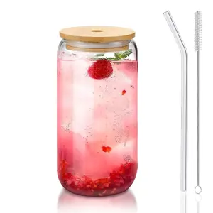 Eco-Friendly Glass Coffee Cup 16oz with Bamboo Lid & Straw Reusable Iced Coffee Smoothie Matcha Cocktail Beer Tumbler Clear Glassware Home Essentials Kitchen Must Haves