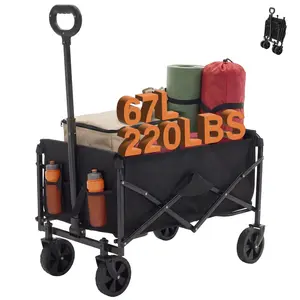 Collapsible Wagon Cart Foldable with Wheels, 67L Large Capacity 220lbs Utility Wagon – Heavy Duty with 360° Detachable Brake Wheels, 600D Waterproof Oxford Fabric, Adjustable Handle for Camping Grocery Garden Beach