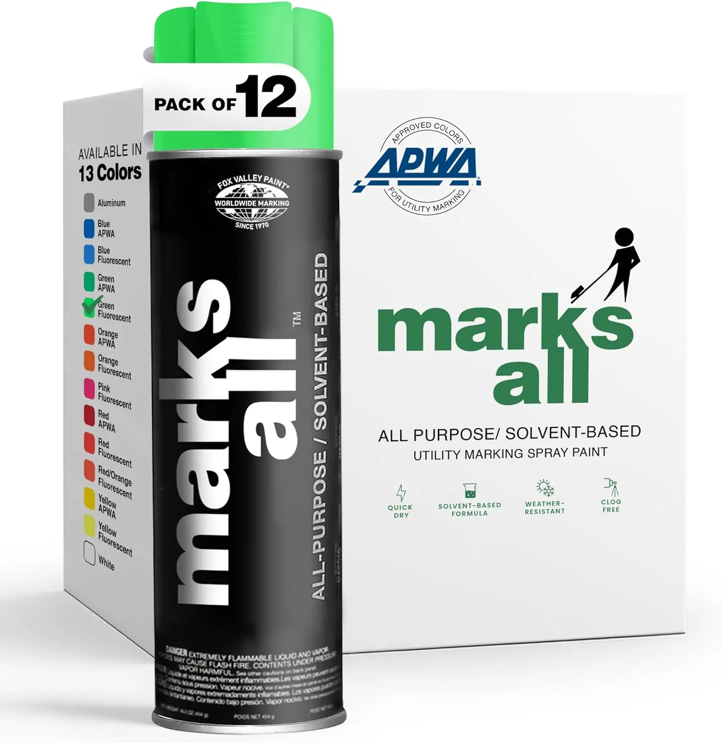 Fox Valley 18oz Marks All Solvent-Based Marking Paint, 12-Pack Green Fluorescent – Long-Lasting, Weather-Resistant Paint for Wet or Dry Surfaces Like Metal, Grass, Concrete, Wood, & More