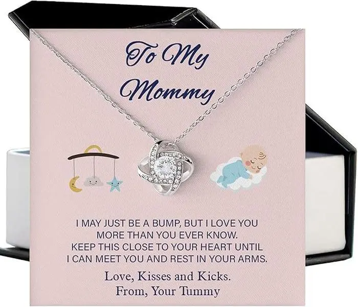 Love Knot Pendant Necklace for Expecting Mothers, Gold Plated with Cubic Zirconia Crystals, Adjustable Chain, Gift from Baby Bump for Baby Showers & Pregnancy Announcements, Exquisite Cubic Zirconia Crystals