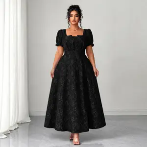 Plus Size Black Maxi Dress Square Neck Puff Sleeve High Waist A Line Dress Snatched Elegant Vintage Dress for Curvy Women Wedding Guest Party Outfit