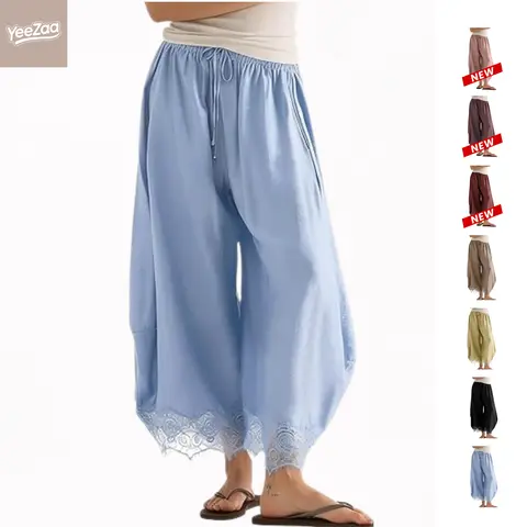 YeeZaa Lace Satin Pants Cropped Boho Beach Pant 2026 Summer Sale Fall Fashion Pants Drawstring High Waist Wide Leg Pants Summer Lightweight Lounge Trousers Casual Elastic Waisted Vacation Outfits with Pockets