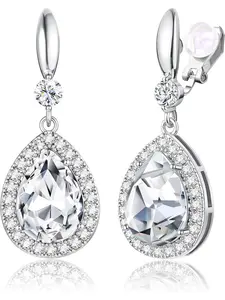 Elegant Clip on Earrings for Women Sparkling Teardrop Dangle Clip Earrings Non-Pierced Rhinestone Cubic Zirconia Wedding Prom Jewelry 14K Gold and Silver Tone