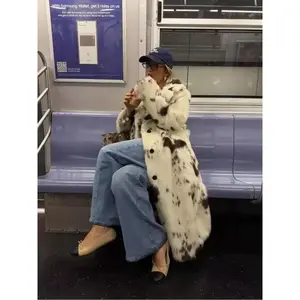 Women's Cow Print Faux Fur Coat, Thick Warm Long Jacket for Fall & Winter, Eco-Friendly Imitation Leather Outerwear