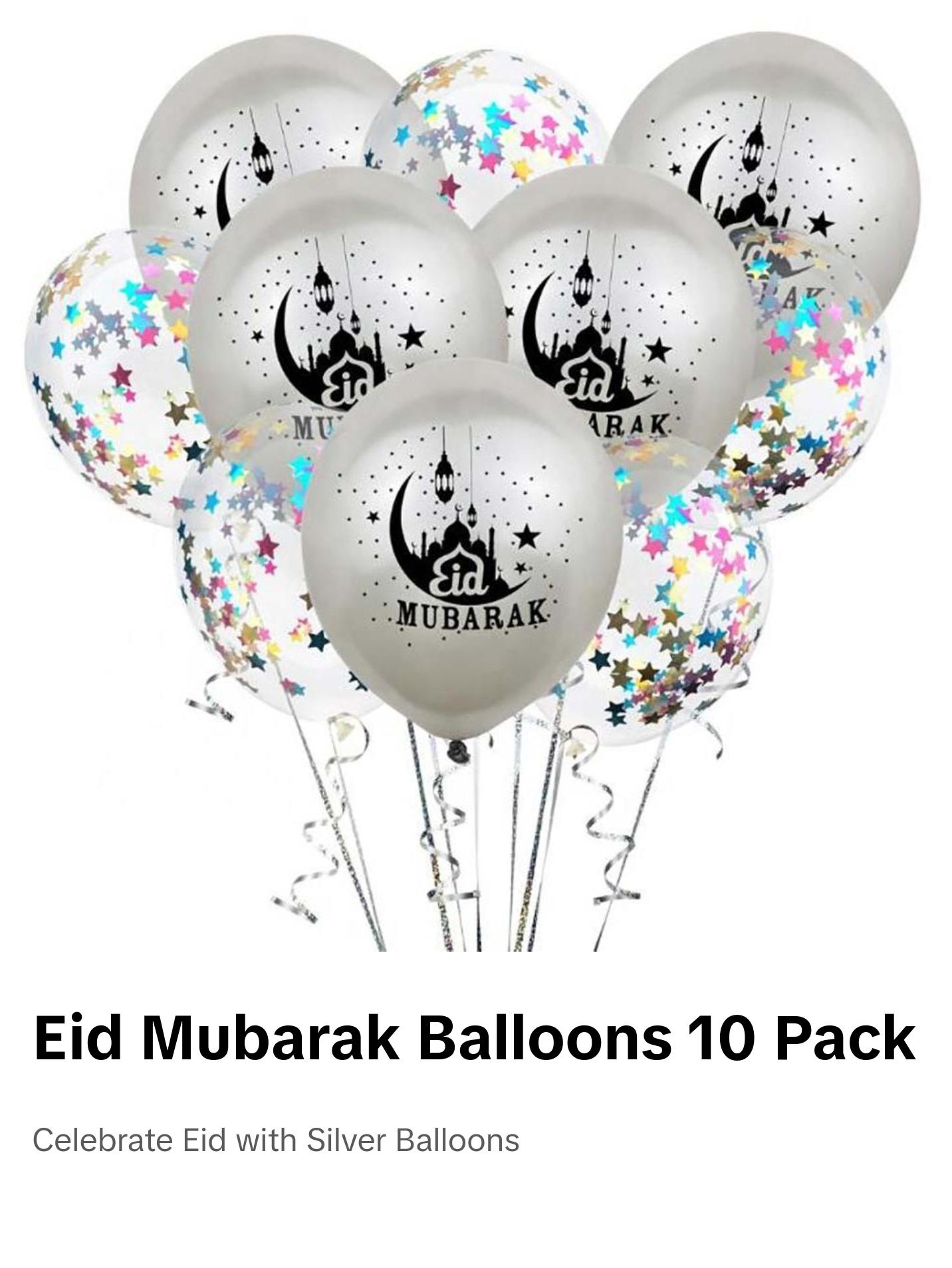 Islamic Holiday Decor | Eid Mubarak Balloons | 10 Pack - Silver & Multicolored
