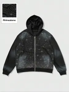 Men's Hooded Zipper Sweatshirt with Rhinestone Design, Casual Fashion Outerwear for Fall & Winter, Graphic Hoodies, Casual Streetwear Hoodie, Unisex Fitted Knit Jacket