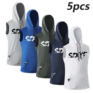 5-Pack Men's Sleeveless Hooded Tank Top - Lightweight Polyester Knit Pullover with Drawstring Closure Suitable for Gym & Casual Wear - Machine Washable Summer Apparel, Personalized Tanks, Athletic Style Vests, Smooth Fabric, Relaxed Fit, Breathable Materi