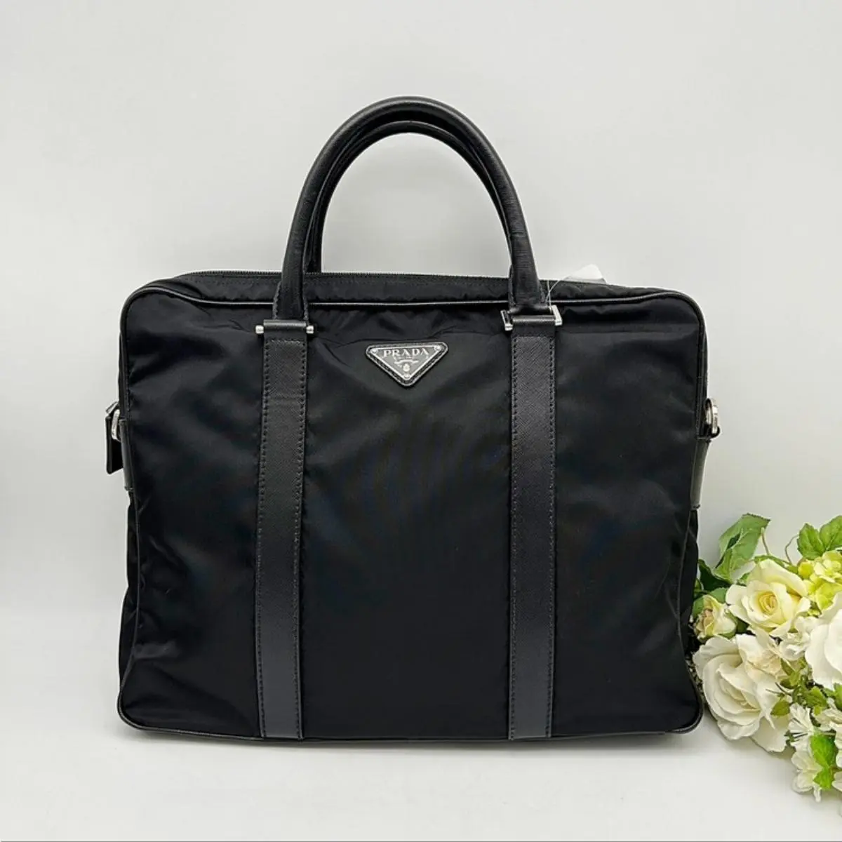 Pre-owned PRADA As Shown Shoulder Bags Black Tessuto Nylon Saffiano Leather Briefcase Business Bag pr9939he