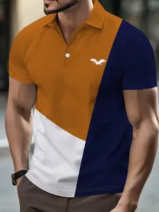 Men's Polo Shirt with Eagle Embroidery, Masculine Colorblock Casual Breathable Short Sleeve Summer Top, Fitted Style for Home & Commuting
