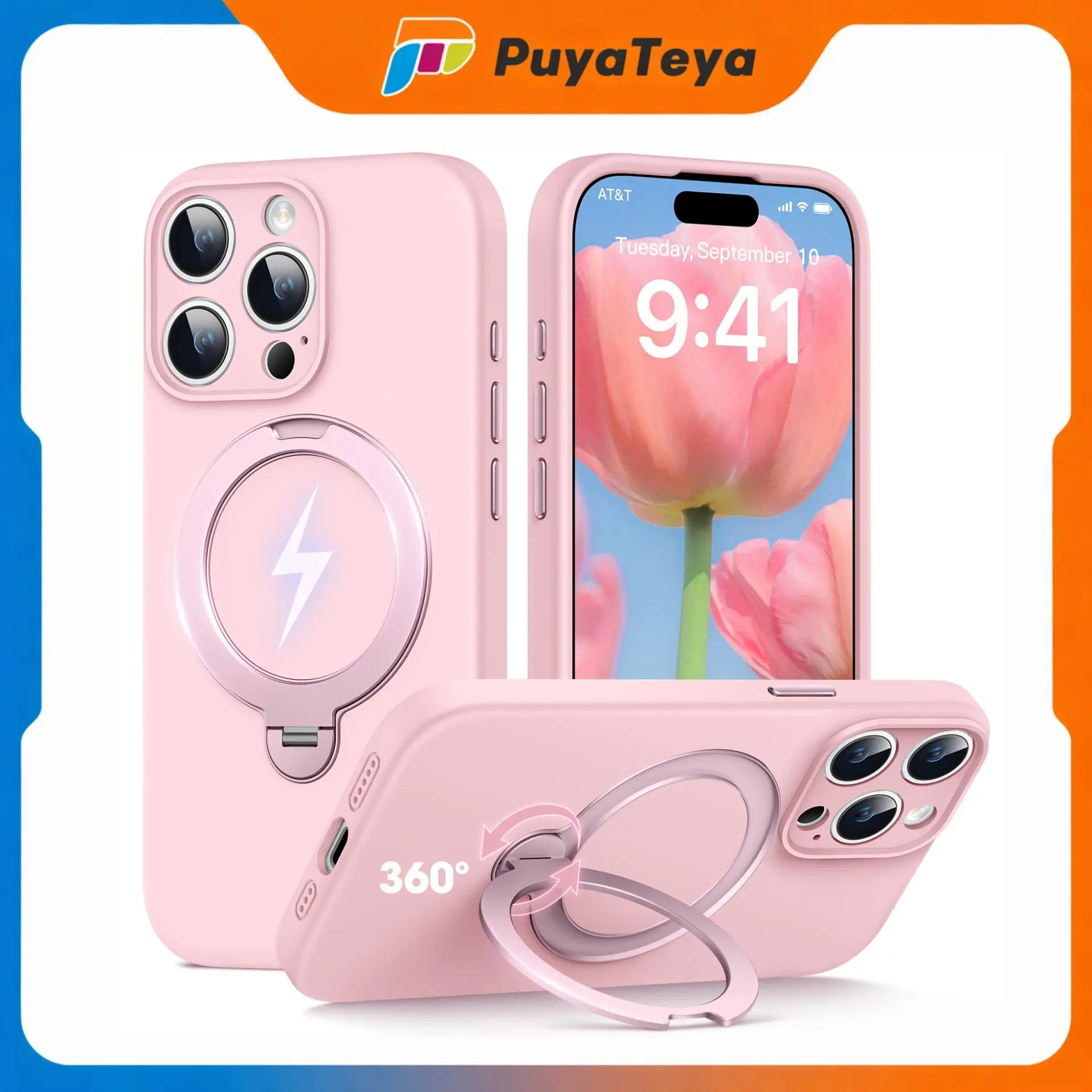 PuyaTeya Magnetic Metal Ring Stand Silicone Case for iPhone 13/14/15/16 Pro/Pro Max, Cute 360 Degree Rotating Kickstand, Shockproof Smartphone Casing for MagSafe Car Mount & Handheld Devices Hands-free Viewing (Blush Pink) - Phone Accessory
